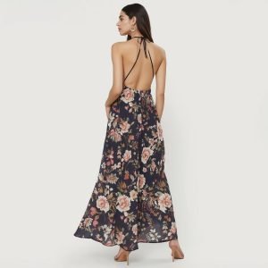 Floral Print Halter Neck Dress Boho Backless Halter Dress